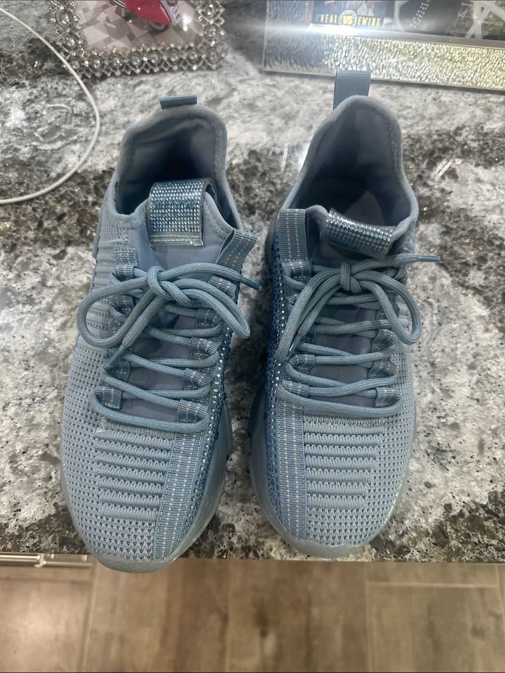 Light Steve Madden blue  Knit Athletic Sneakers with Rhinestone Tongue
